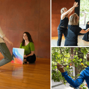 men and women dancing to drawings, in groups, and with nature