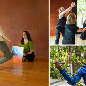 men and women dancing to drawings, in groups, and with nature