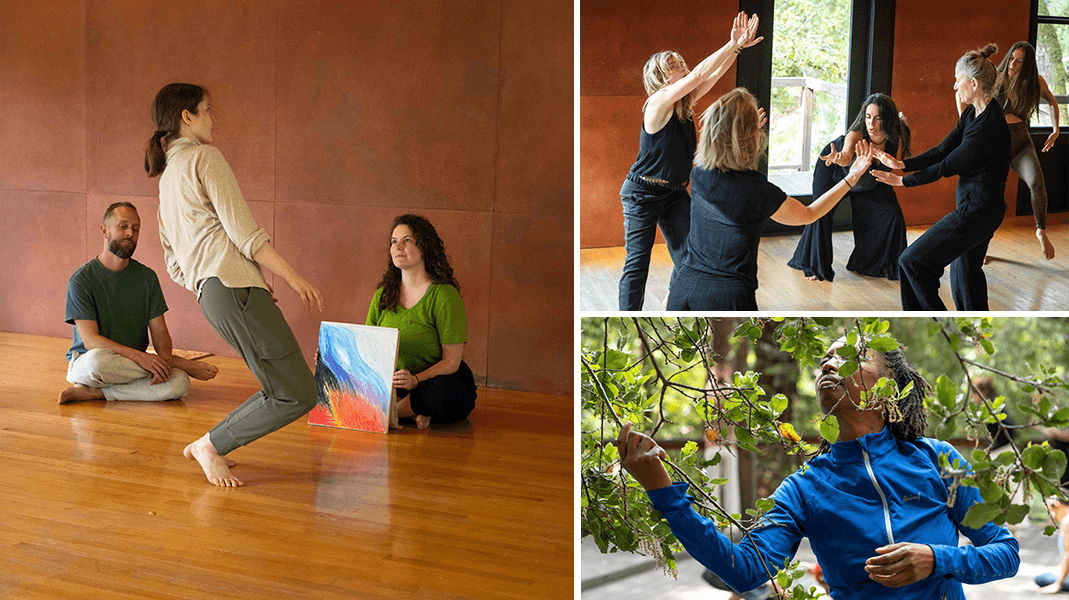 men and women dancing to drawings, in groups, and with nature